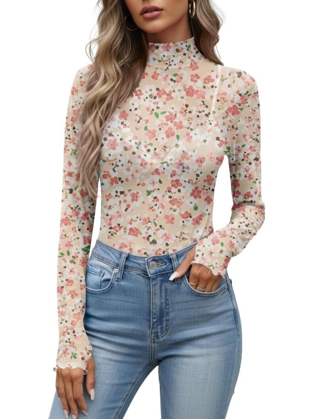 Women's Pink Polyester Mesh Top Blouse Party Clubwear Long Sleeve Shirt